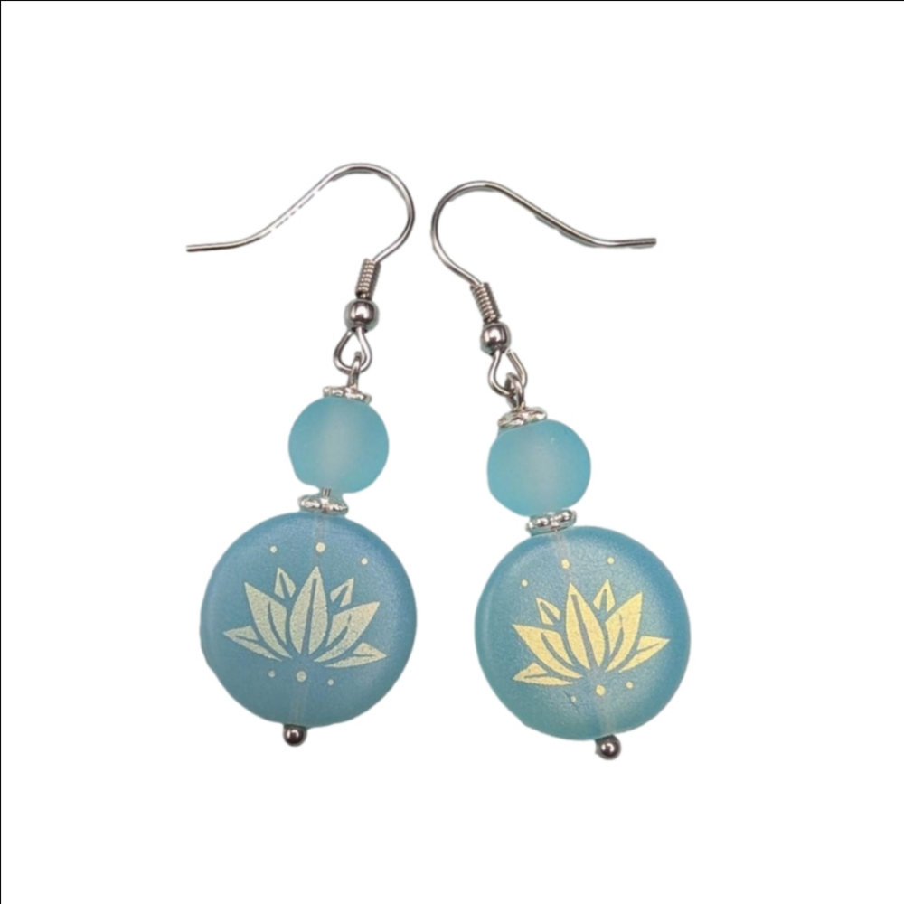 Boho Lotus Flower Earrings Matte Blue Czech Glass Dangle Stainless Steel Hooks
